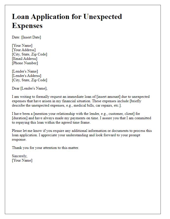 Letter template of immediate loan application for unexpected expenses