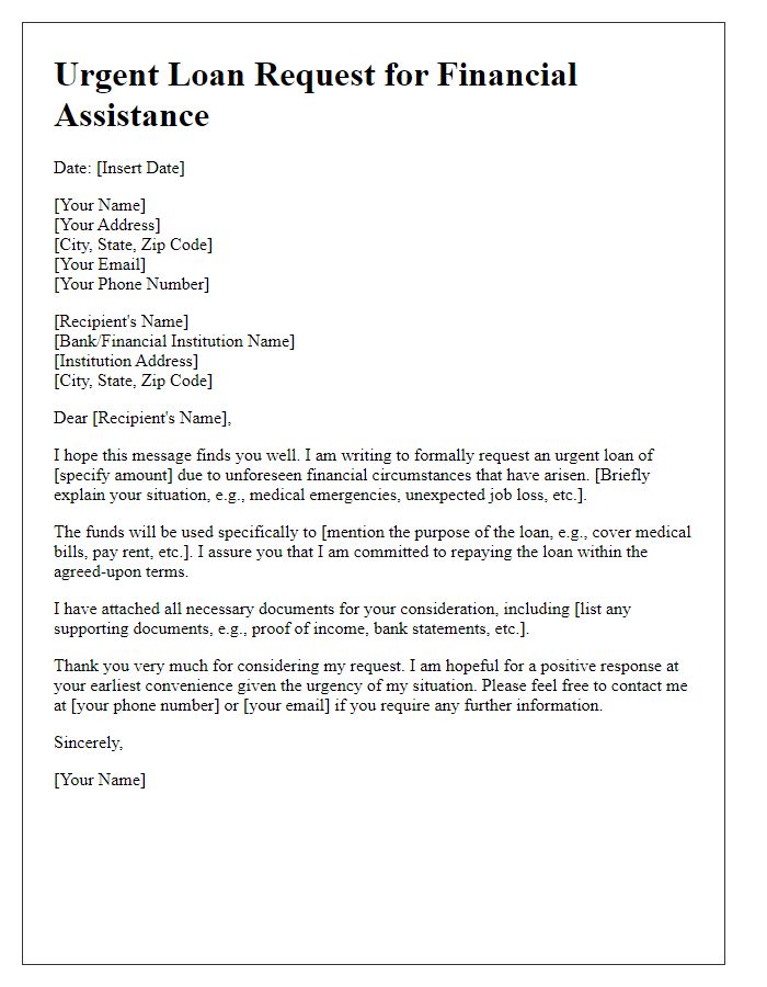 Letter template of urgent loan request for financial assistance