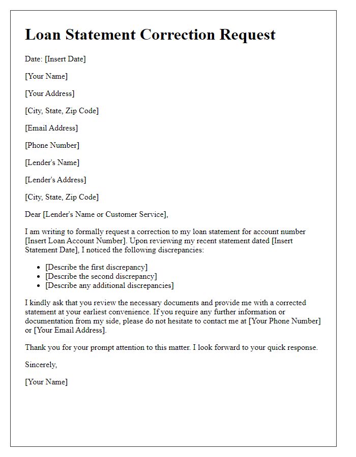 Letter template of loan statement correction request.