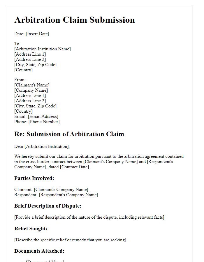 Letter template of arbitration claim submission for cross-border contracts