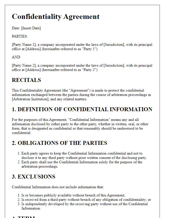 Letter template of confidentiality agreement for foreign arbitration