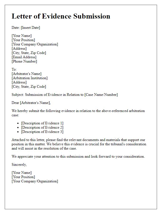 Letter template of evidence submission in international arbitration