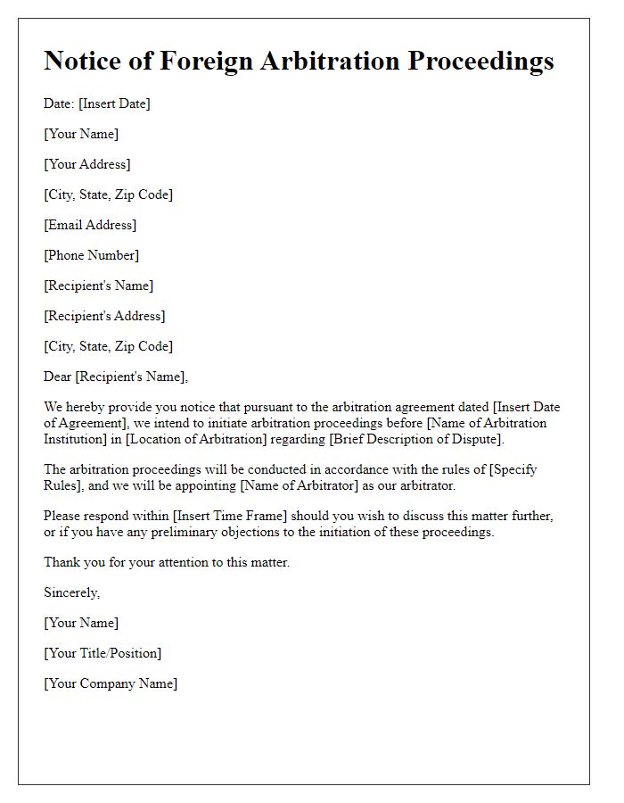 Letter template of notice for foreign arbitration proceedings