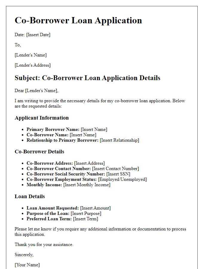 Letter template of co-borrower loan application details