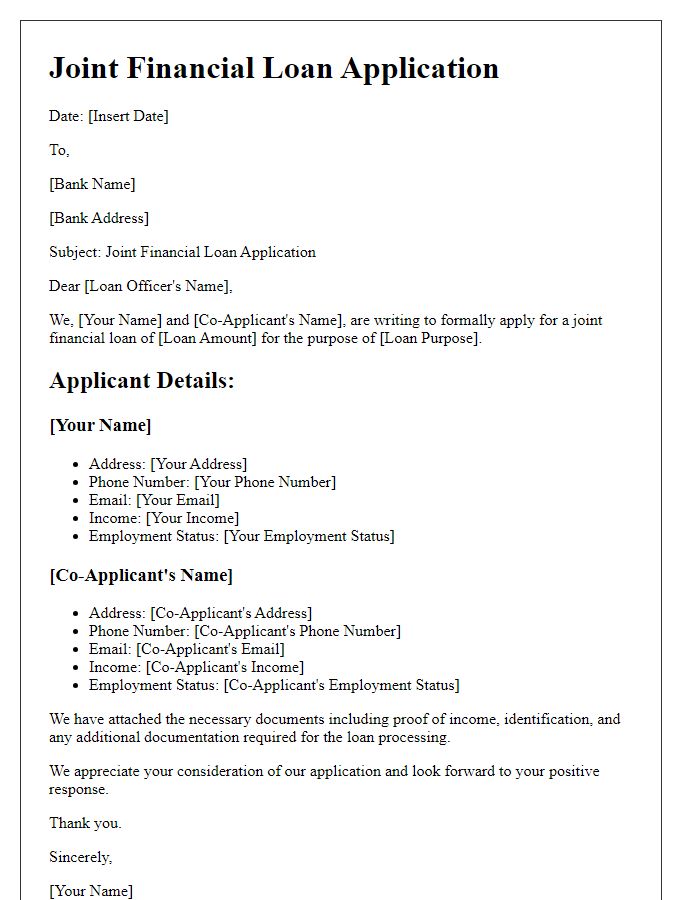 Letter template of joint financial loan application details