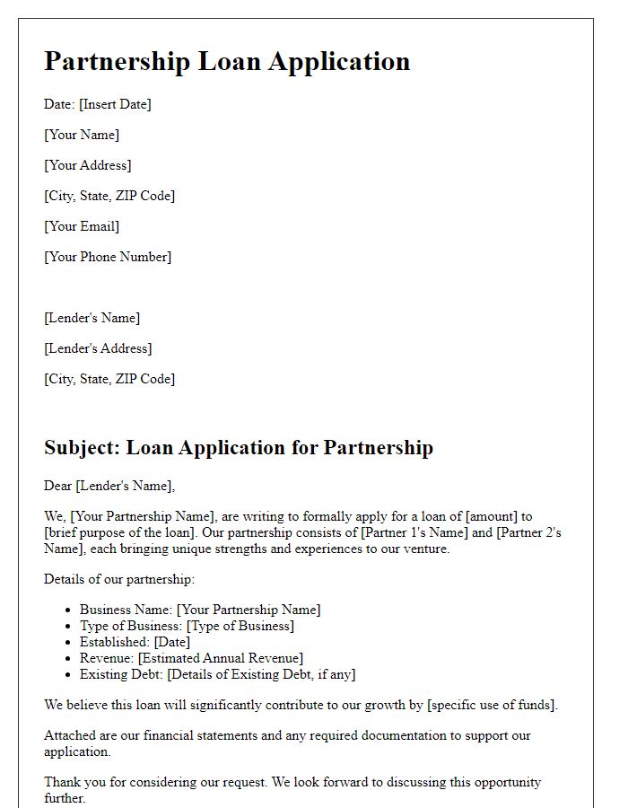 Letter template of partnership loan application information