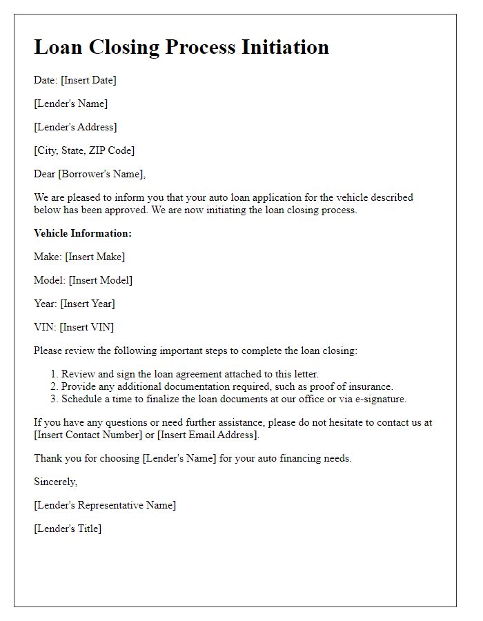 Letter template of loan closing process initiation for auto loans