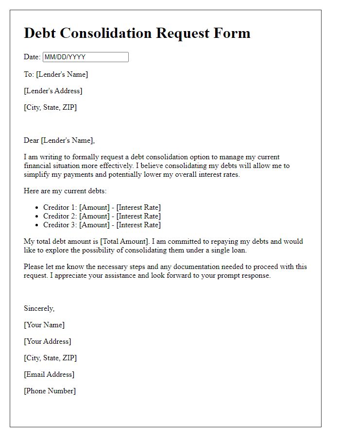 Letter template of debt consolidation request form