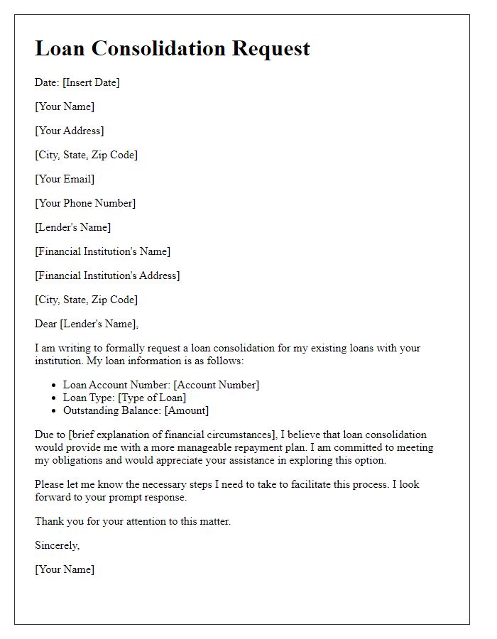 Letter template of financial institution loan consolidation request