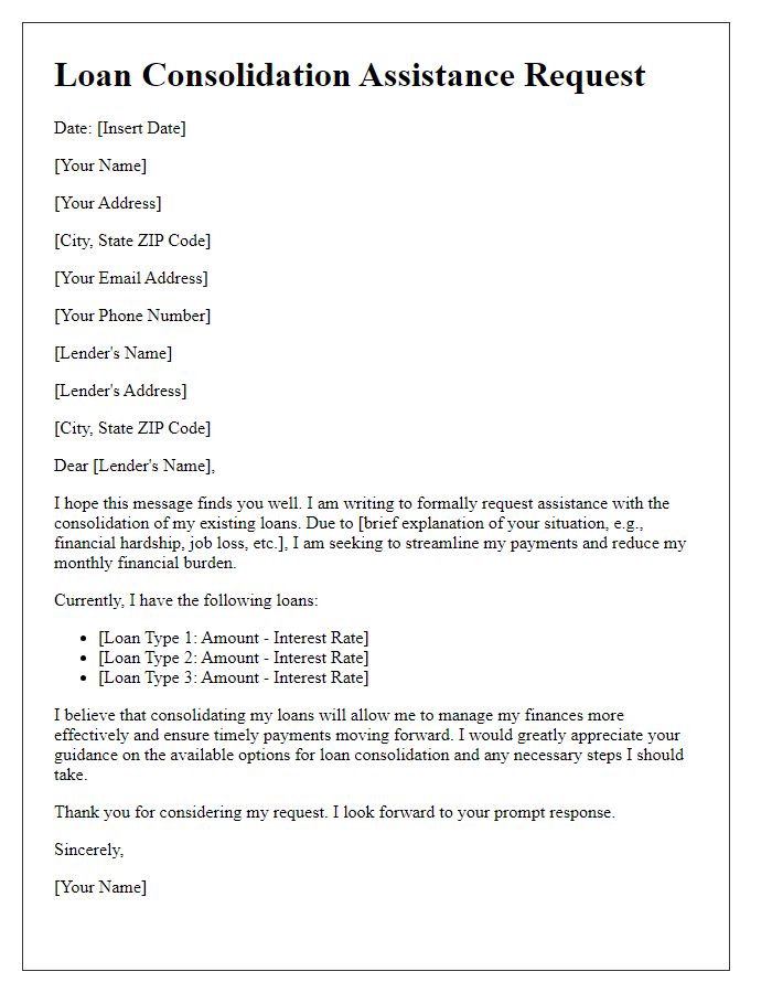 Letter template of request for loan consolidation assistance