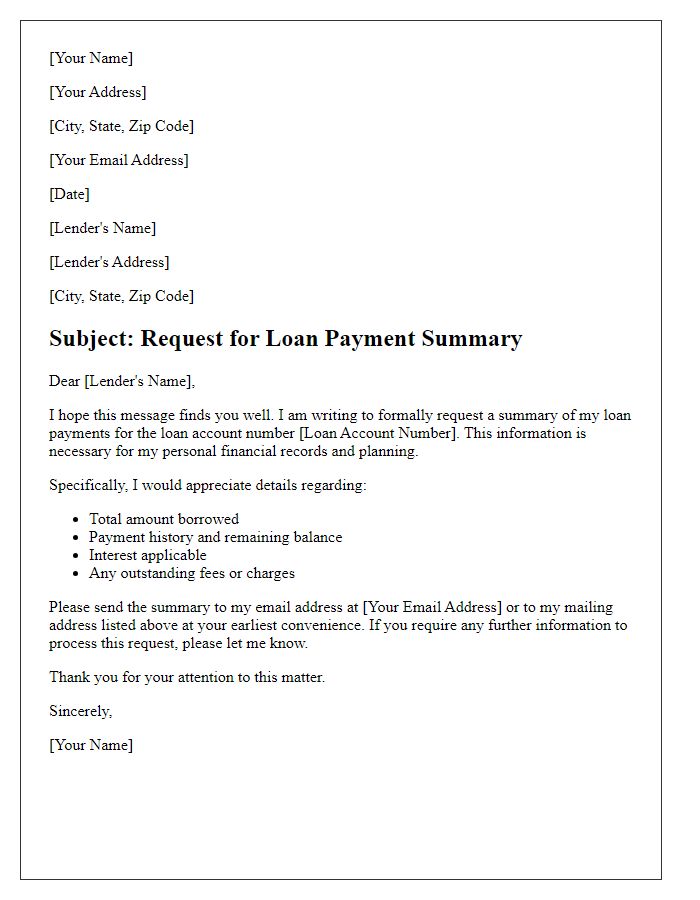 Letter template of formal request for loan payment summary