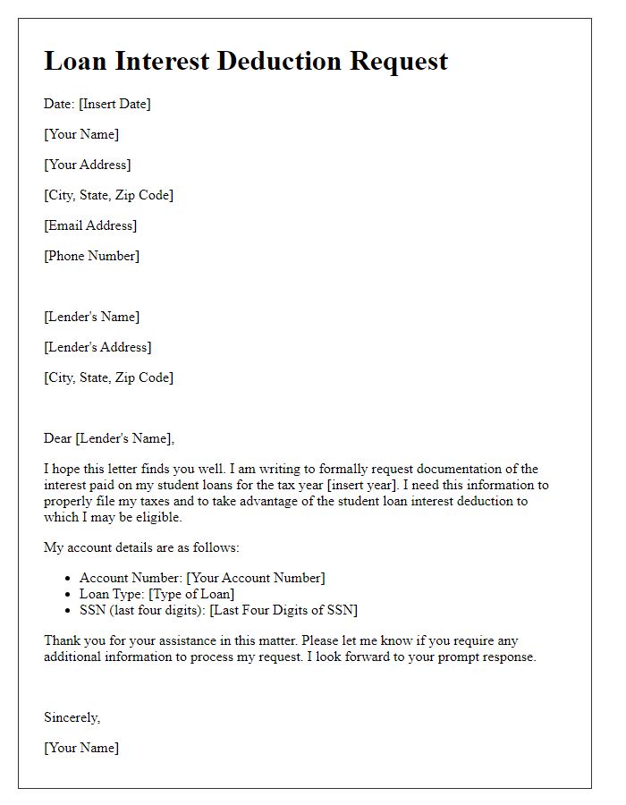 Letter template of loan interest deduction request for student loans.