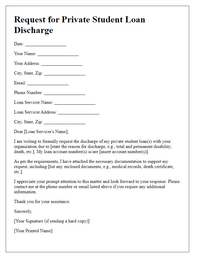 Letter template of private student loan discharge request