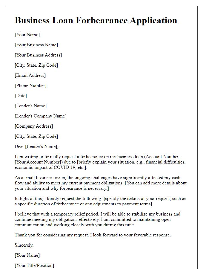 Letter template of business loan forbearance application