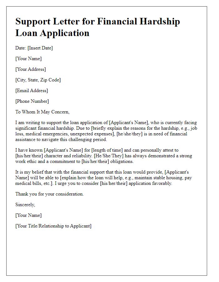 Letter template of support for financial hardship loan application