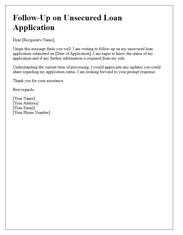 Letter template of follow-up on unsecured loan application