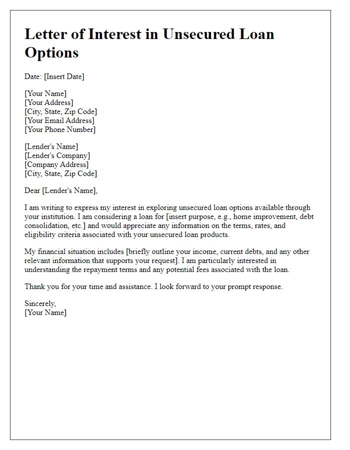 Letter template of interest in unsecured loan options