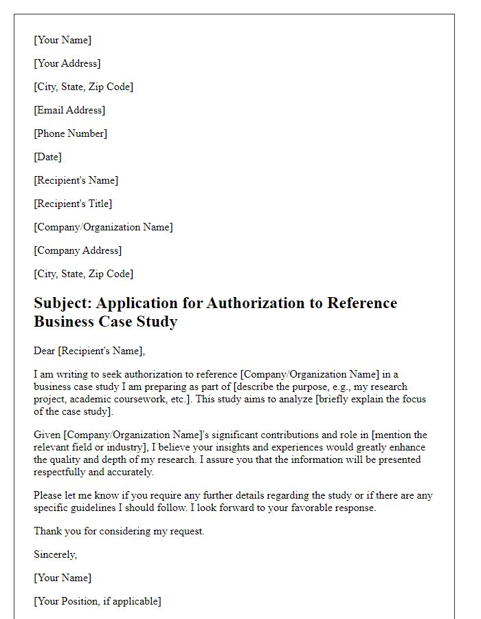 Letter template of application for authorization to reference business case study.