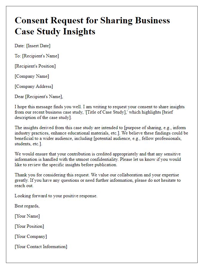 Letter template of consent request for sharing business case study insights.