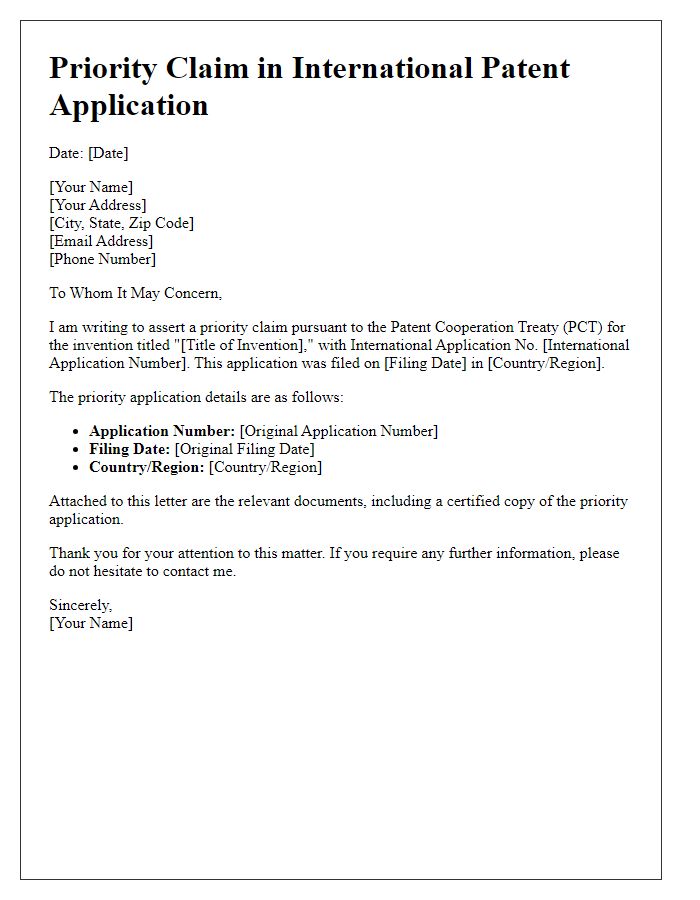 Letter template of priority claim in international patent application