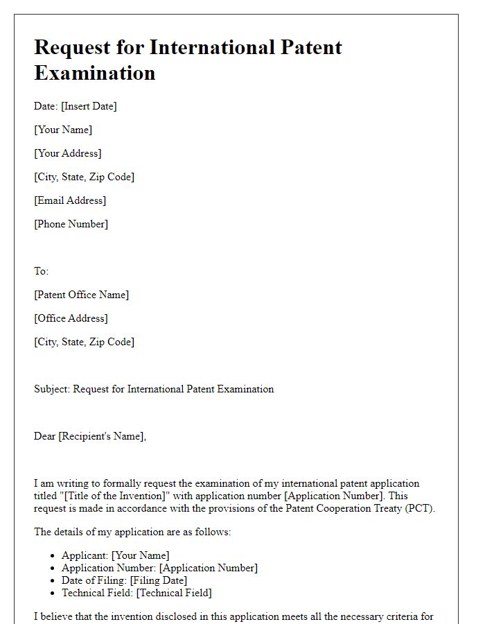 Letter template of request for international patent examination