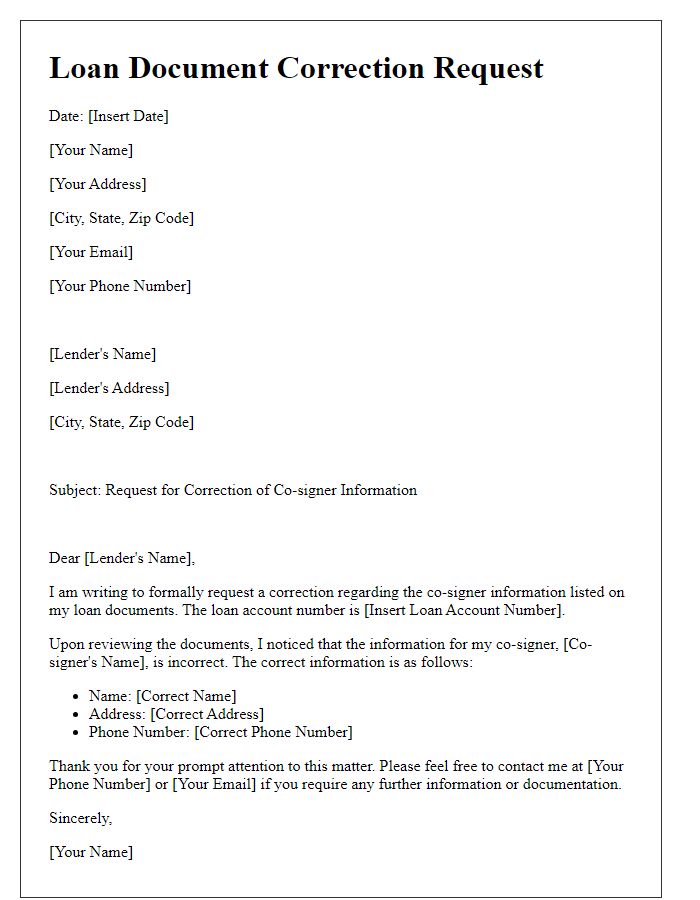 Letter template of loan document correction request for co-signer information update.