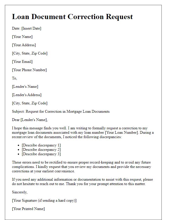 Letter template of loan document correction request for mortgage loan.