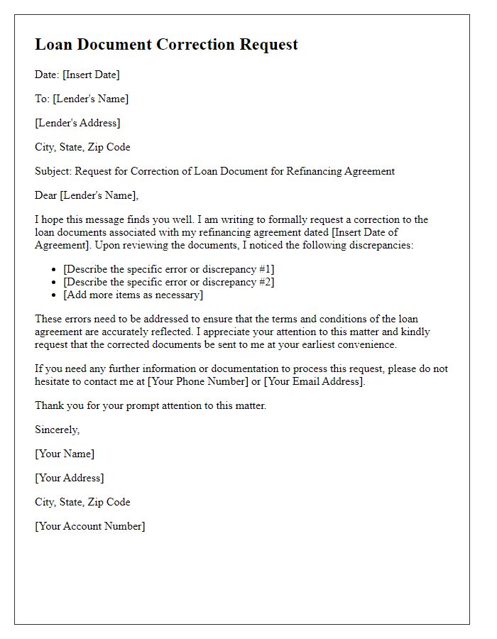 Letter template of loan document correction request for refinancing agreement.