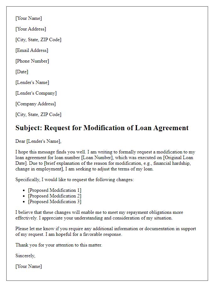 Letter template of loan agreement modification request