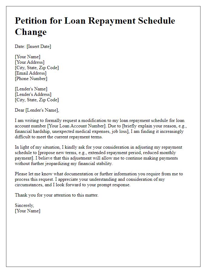 Letter template of petition for loan repayment schedule change