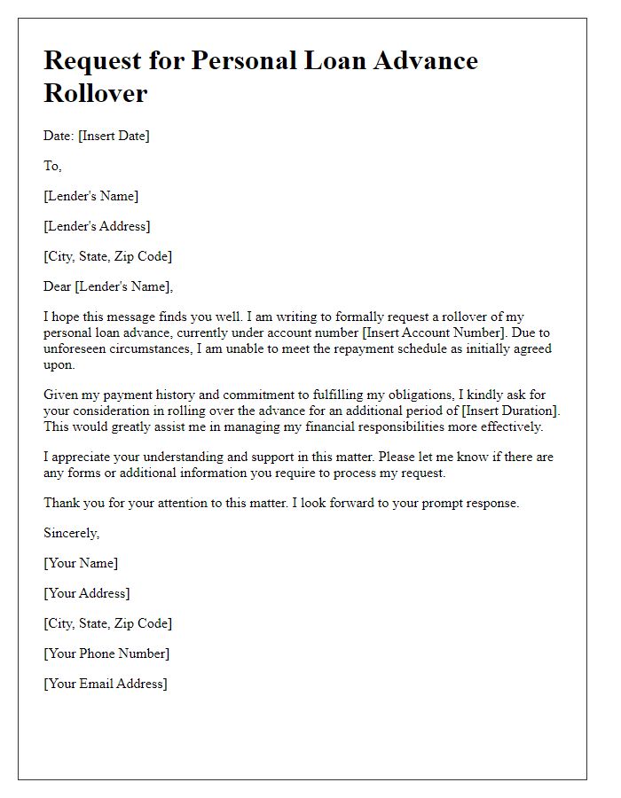 Letter template of personal loan advance rollover request