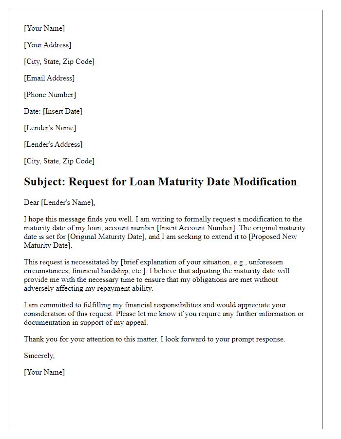 Letter template of submission for loan maturity date modification.