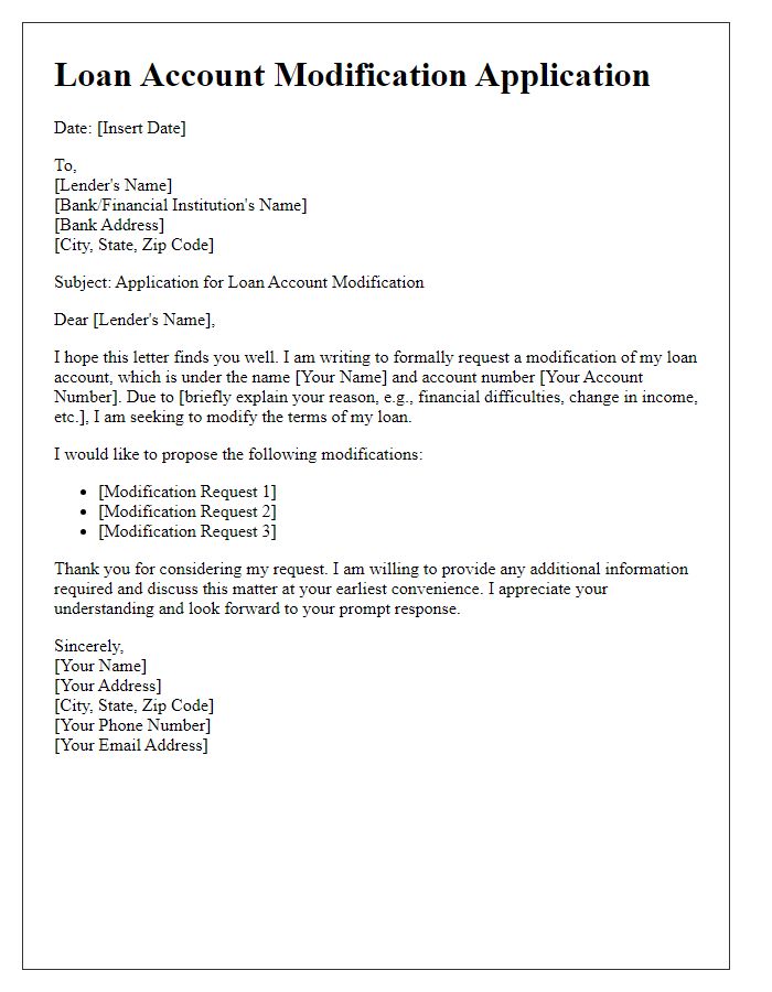 Letter template of loan account modification application.