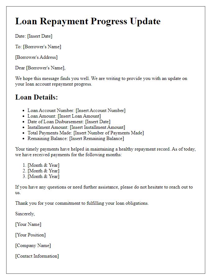 Letter template of loan account repayment progress.