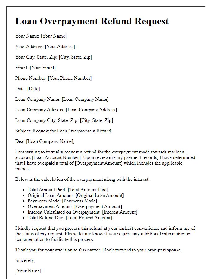 Letter template of loan overpayment refund request with interest calculation.