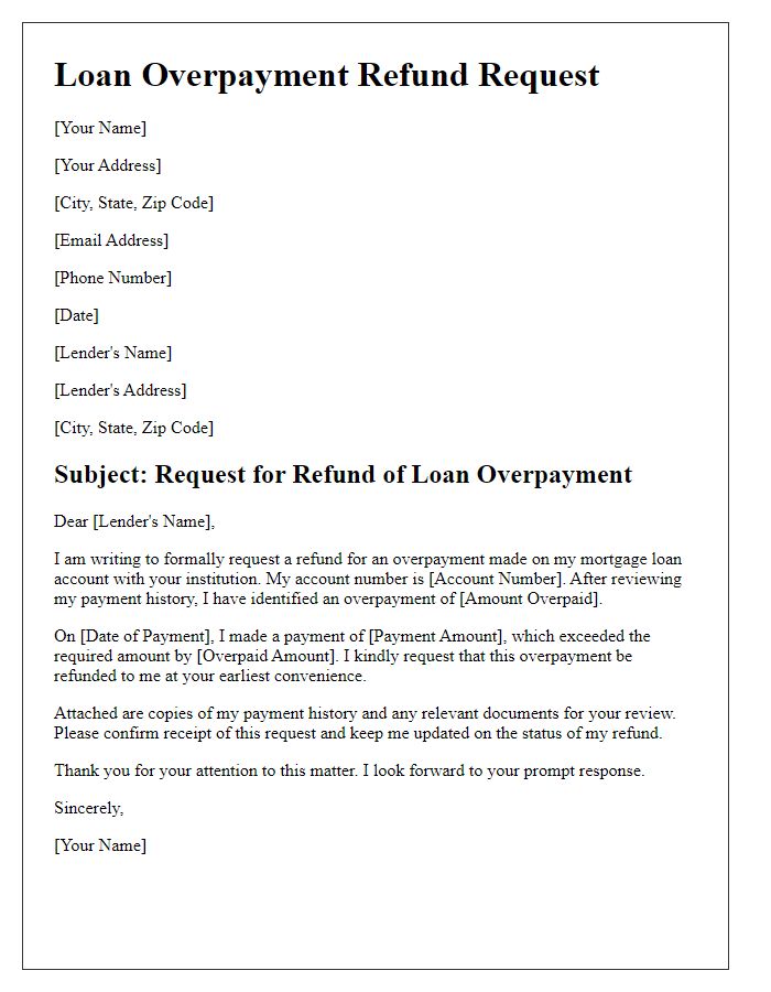 Letter template of loan overpayment refund request for mortgage loans.