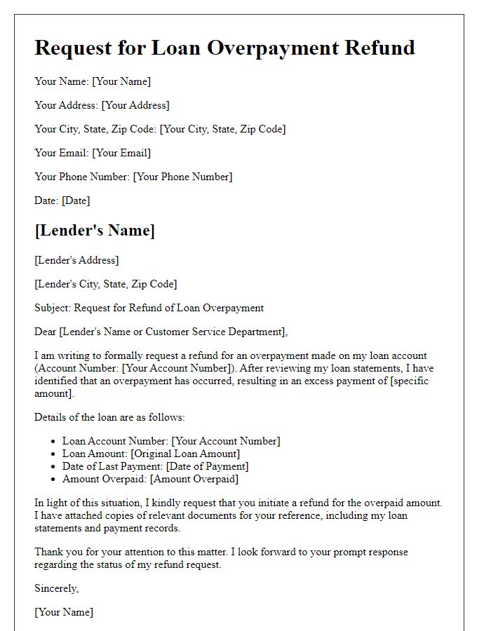 Letter template of loan overpayment refund request for a specific lender.