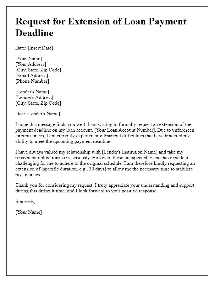 Letter template of appeal for extending loan payment deadline