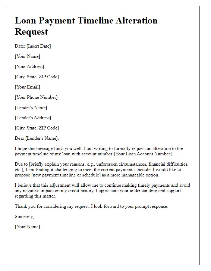 Letter template of correspondence for loan payment timeline alteration