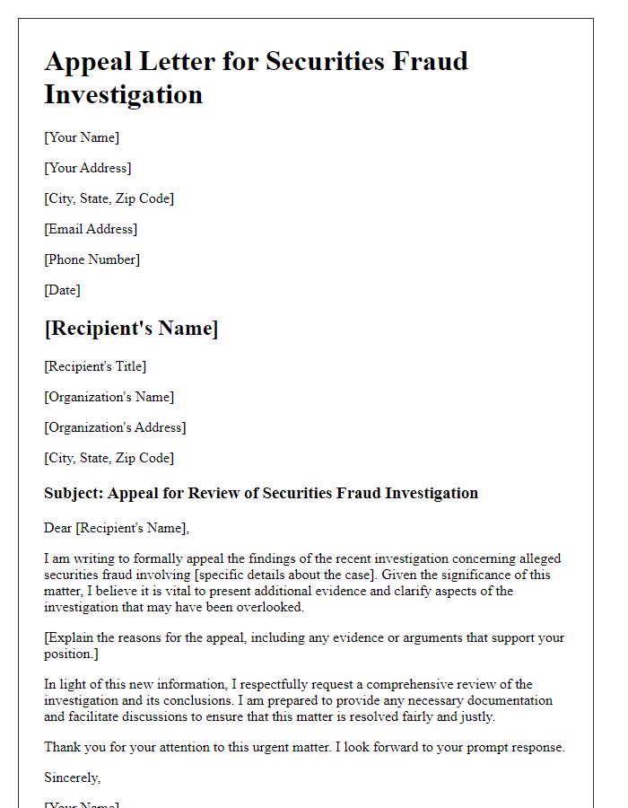 Letter template of appeal for securities fraud investigation