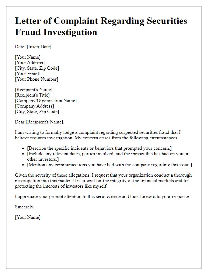 Letter template of complaint for securities fraud investigation