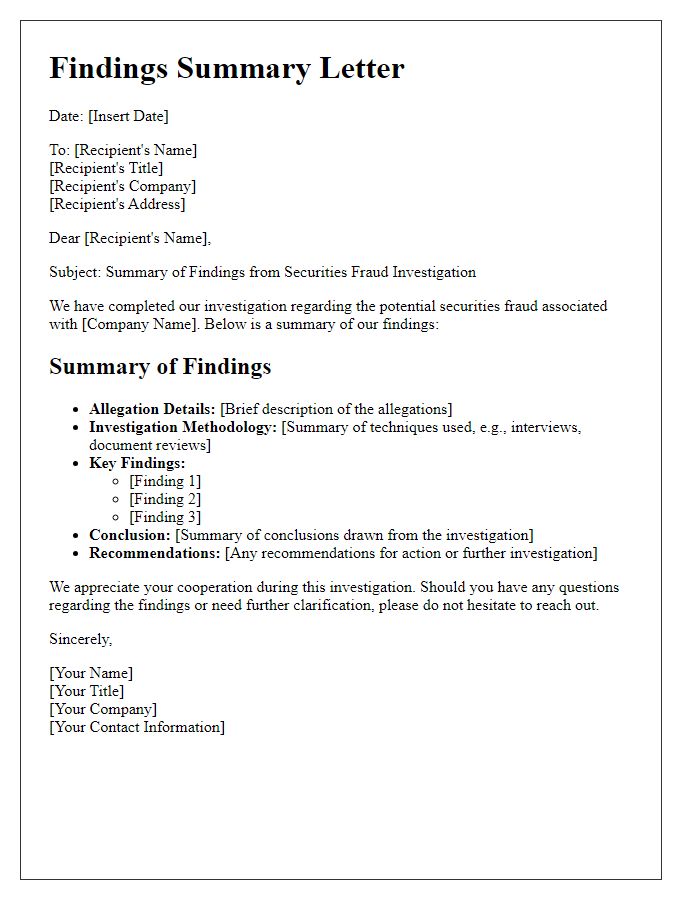 Letter template of findings summary in securities fraud investigation