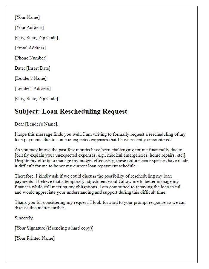 Letter template of loan rescheduling request citing unexpected expenses