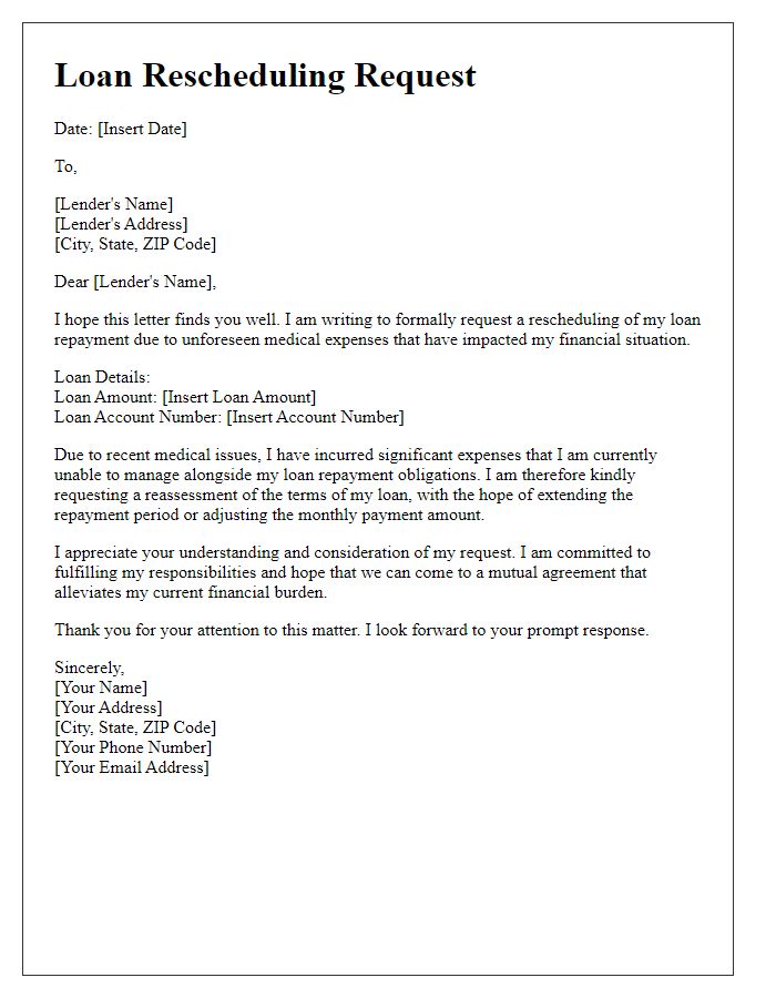 Letter template of loan rescheduling request for medical expenses