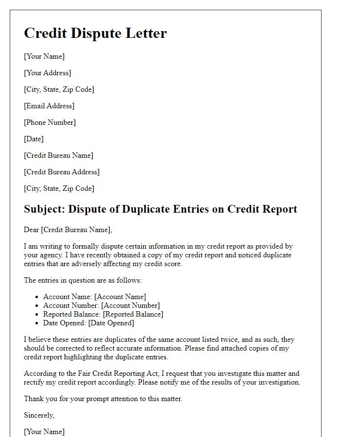 Letter template of loan credit score dispute for duplicate entries