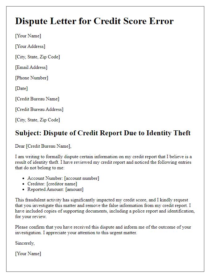 Letter template of loan credit score dispute for identity theft