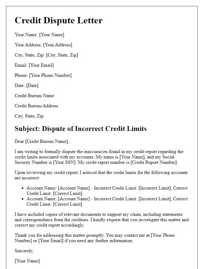 Letter template of loan credit score dispute for incorrect credit limits