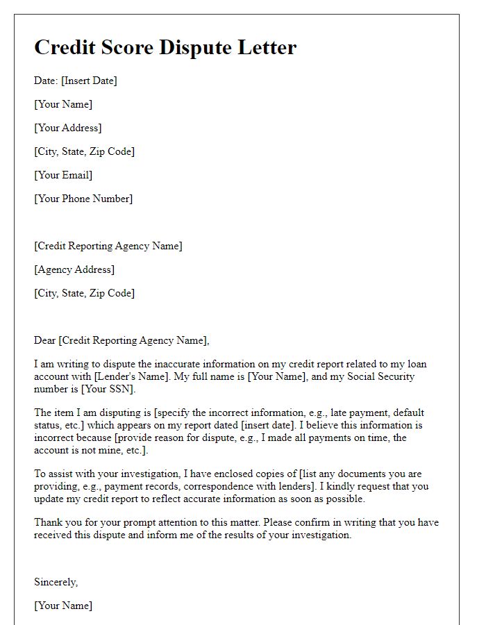 Letter template of loan credit score dispute for incorrect information