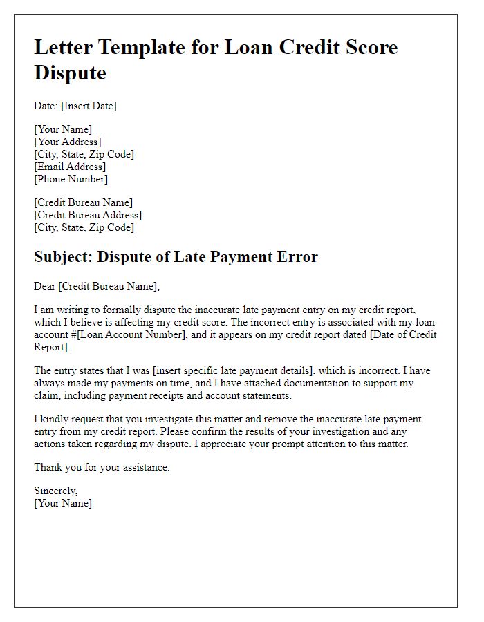 Letter template of loan credit score dispute for late payment errors