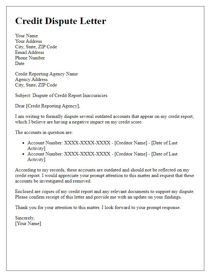 Letter template of loan credit score dispute for outdated accounts